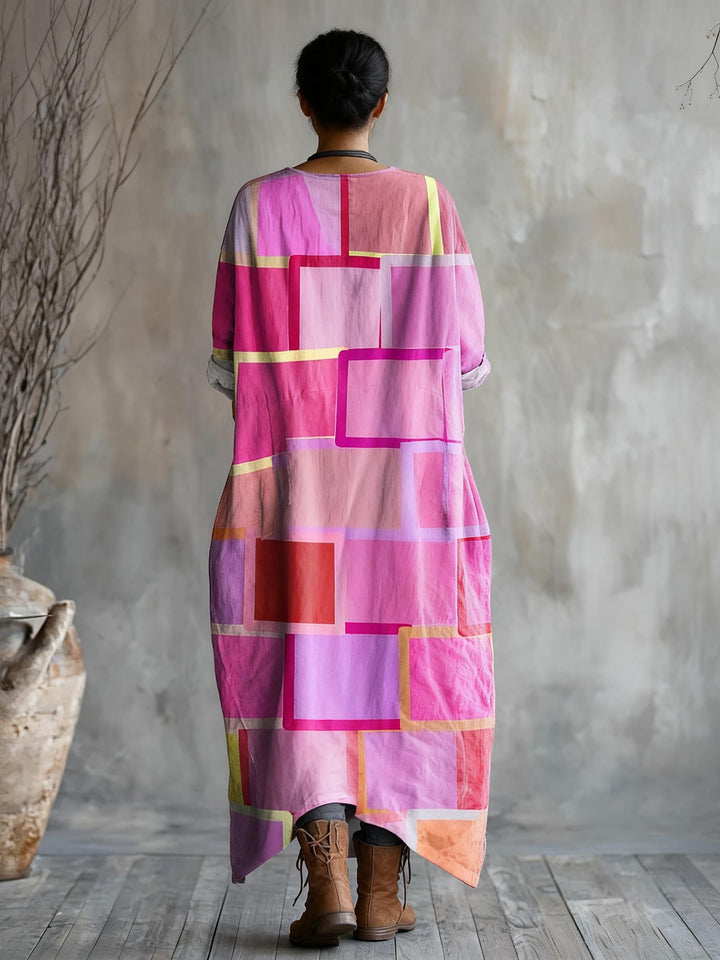 Powder Geometric Block Printed Loose V-Neck Pocket Dress