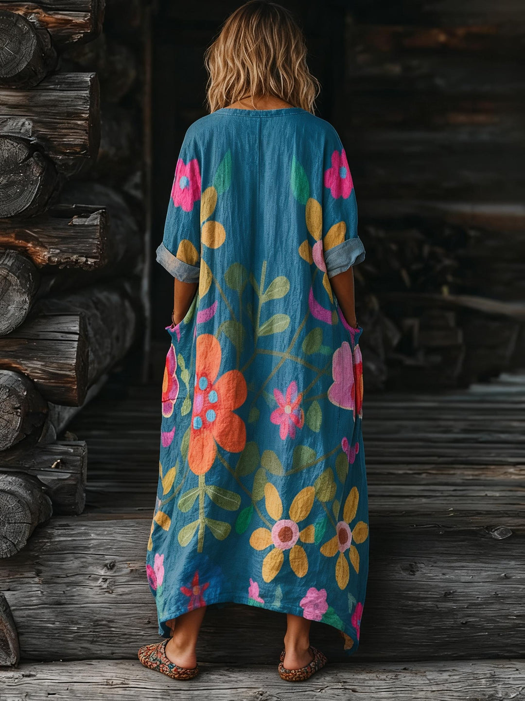 Lake Blue Hand-Painted Floral Print Loose V-Neck Pocket Dress