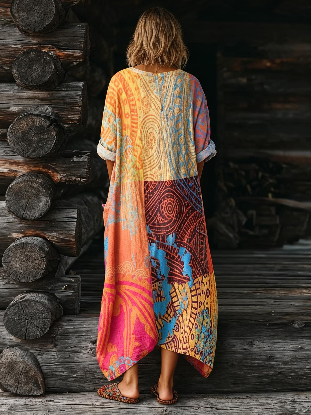 Bohemian Contrast Geometric Print Loose V-Neck Pocket Dress