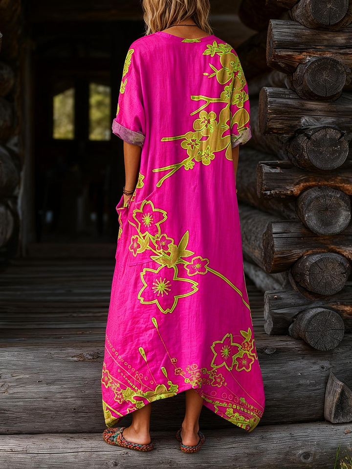 Rose-red Fluorescent Floral Print Loose V-neck Pocket Dress