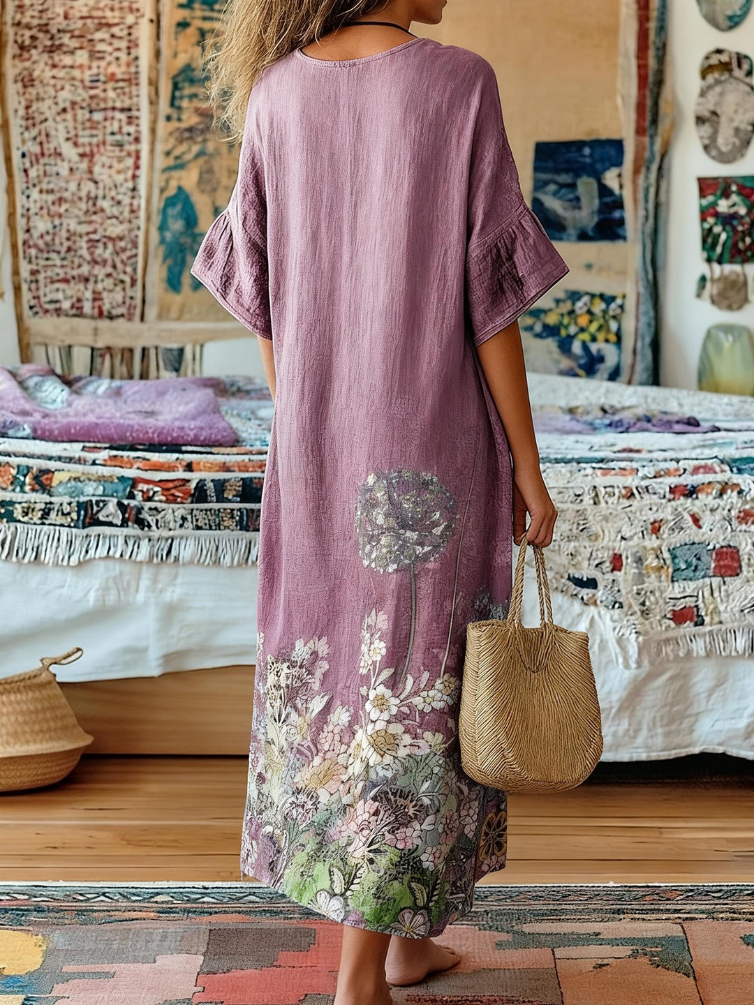 Smoky Purple Dandelion Print V-Neck Long Dress