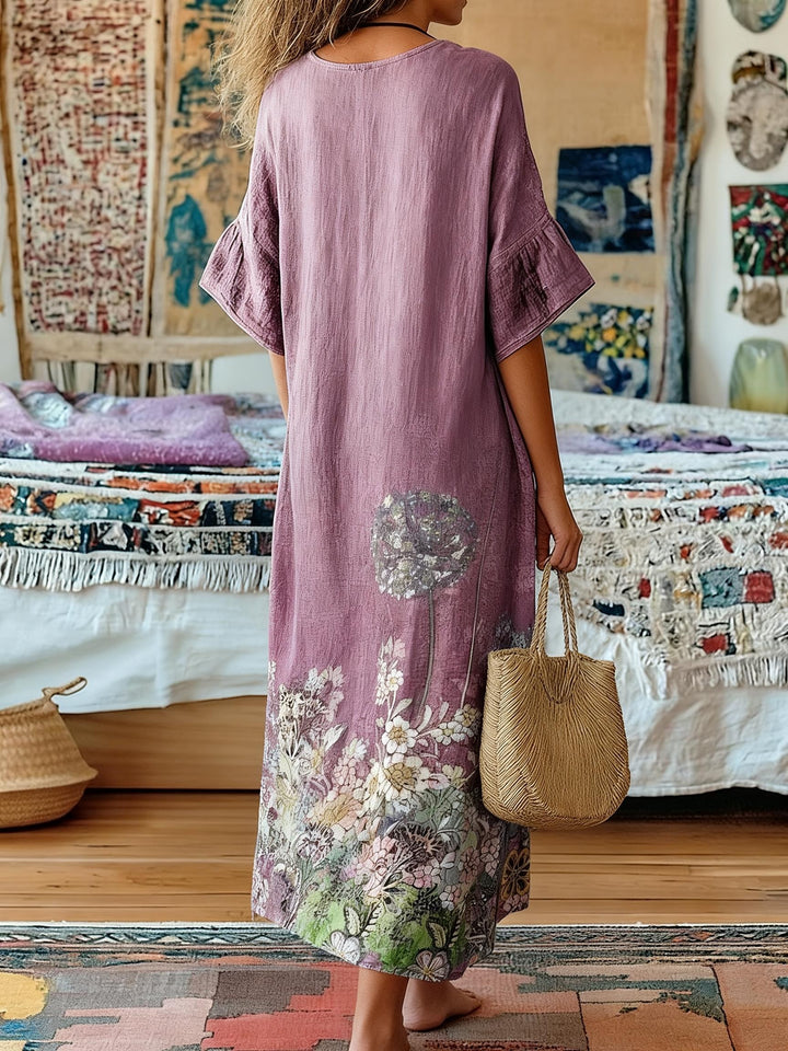 Smoky Purple Dandelion Print V-Neck Long Dress