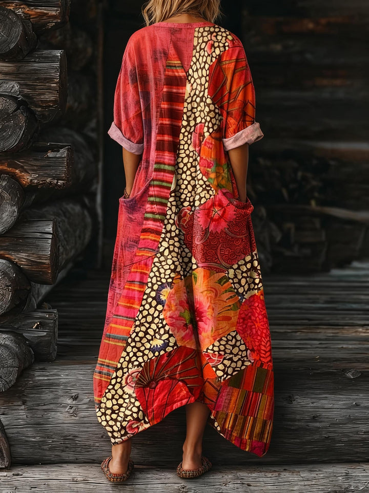 Red Patchwork Floral-Print Loose V-Neck Pocket Dress
