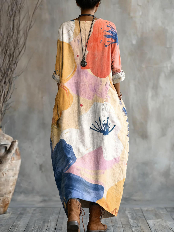 Abstract Watercolor Floral Print Loose V-neck Pocket Dress