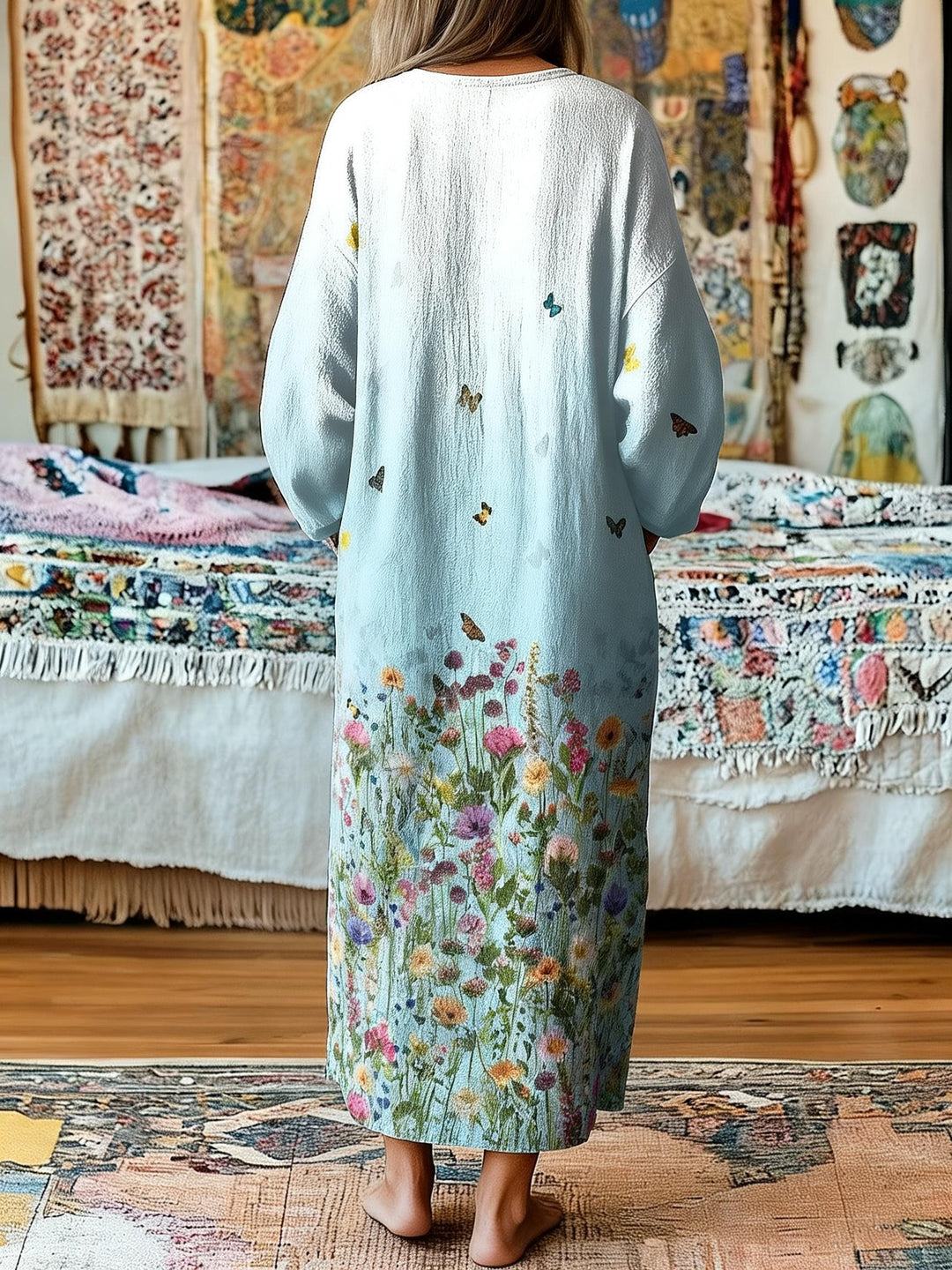 Light Blue Butterfly Floral Print Loose V-Neck Pocket Dress