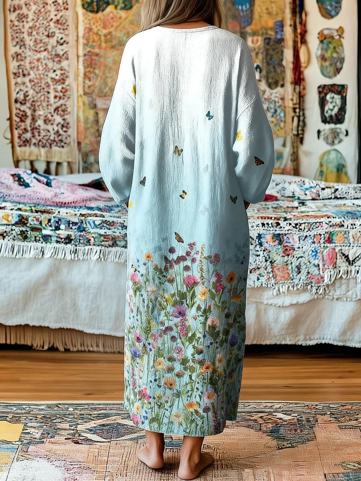 Light Blue Butterfly Floral Print Loose V-Neck Pocket Dress