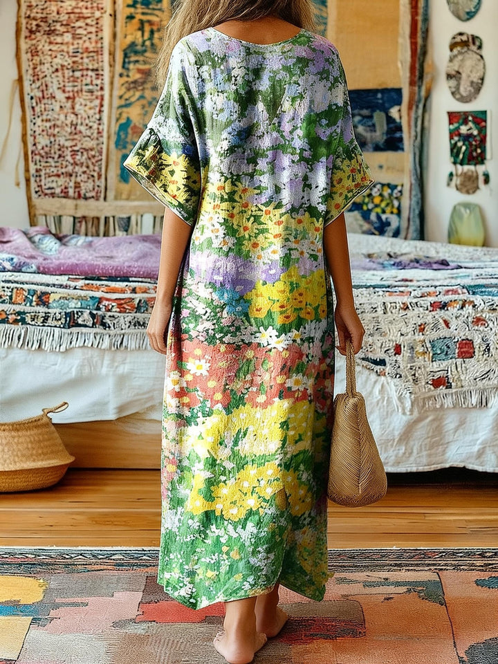 Colorful Floral Print V-Neck Long Dress