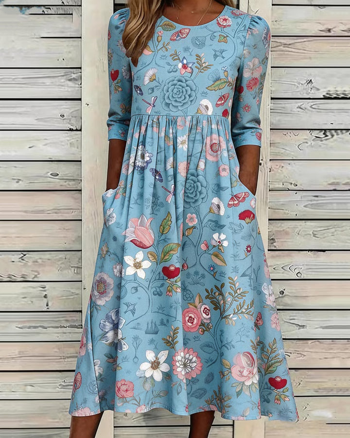 Elegant Floral Print Round Neck Pocket Dress