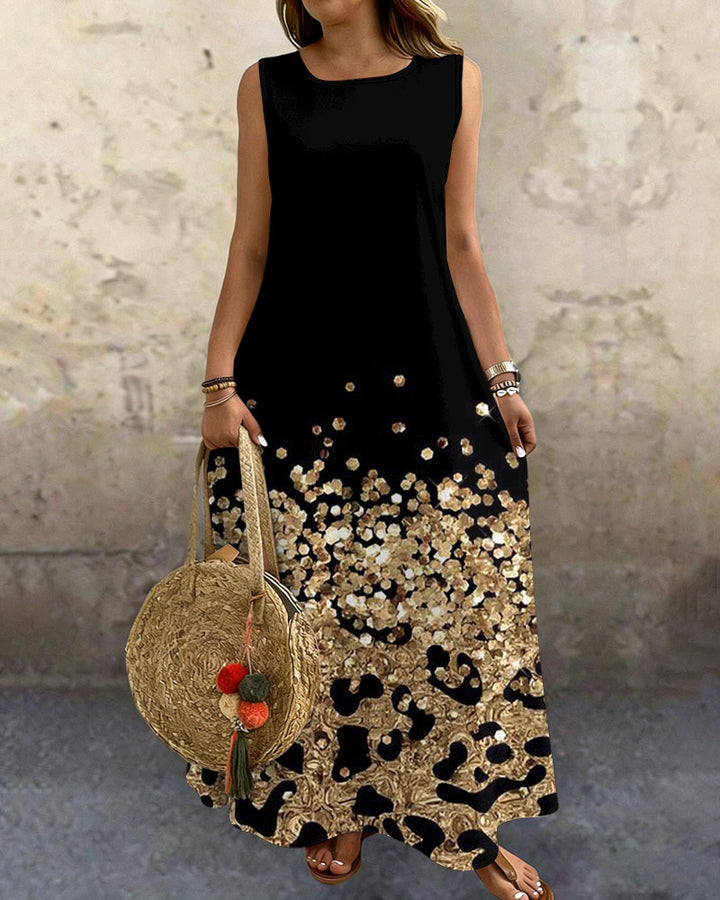 Gold Leopard Sequin Print Round Neck Sleeveless Loose Elegant Chic Dress