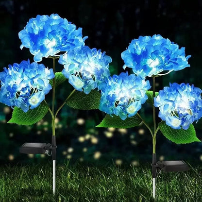 Solar-powered LED simulated 3-head hydrangea ground-stake light