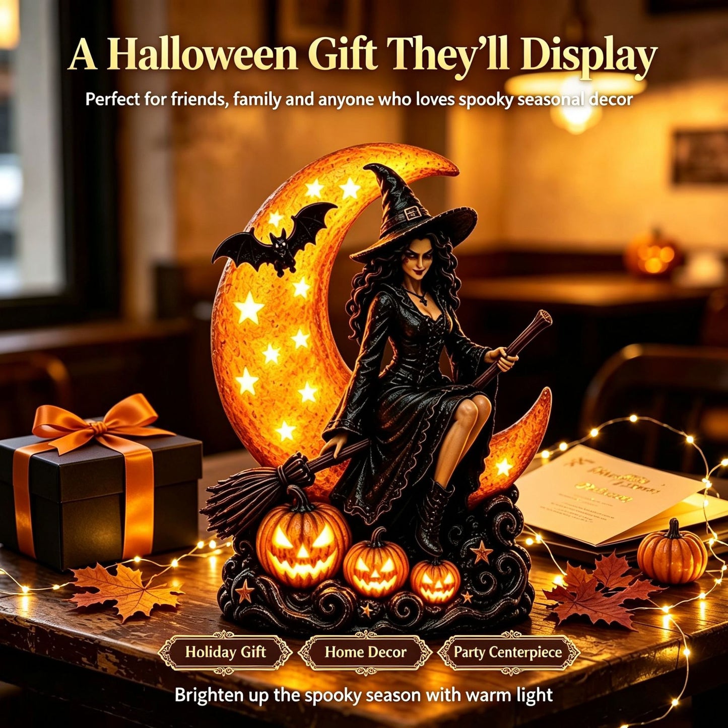 Halloween Witch and Moon Night Light Statue Decoration