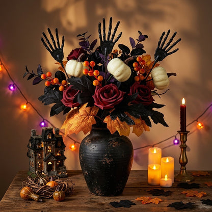 Halloween decorative skeleton hands and pumpkin-face artificial flowers