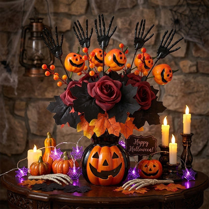 Halloween decorative skeleton hands and pumpkin-face artificial flowers