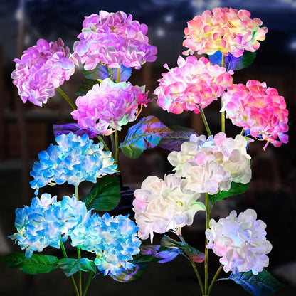 Solar-powered LED simulated 3-head hydrangea ground-stake light