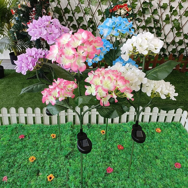 Solar-powered LED simulated 3-head hydrangea ground-stake light
