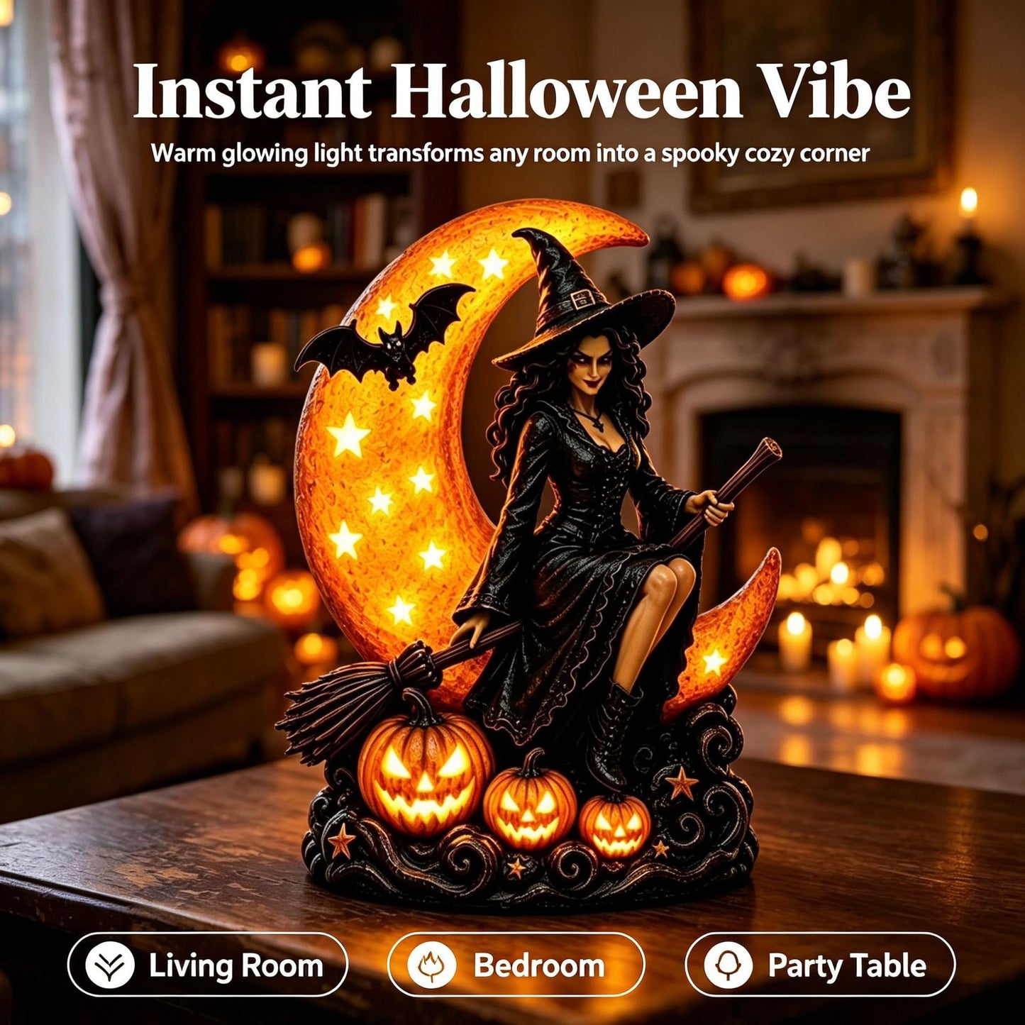 Halloween Witch and Moon Night Light Statue Decoration