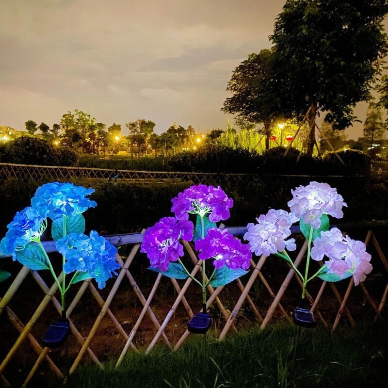 Solar-powered LED simulated 3-head hydrangea ground-stake light