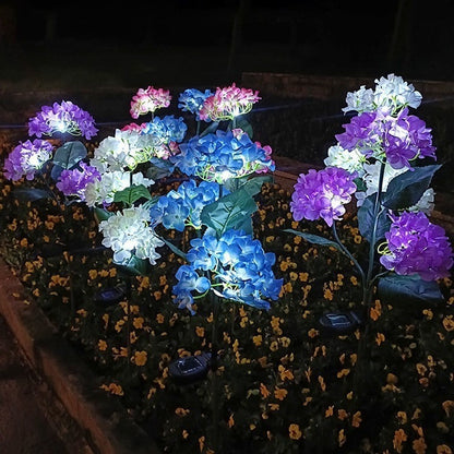 Solar-powered LED simulated 3-head hydrangea ground-stake light