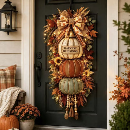 Rustic Wooden Pumpkin Door Hanging（Light with remote control）