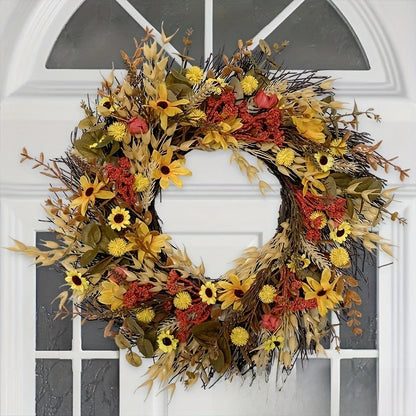 Artificial Chrysanthemum and Fallen Leaf Autumn-Themed Decorative Wreath