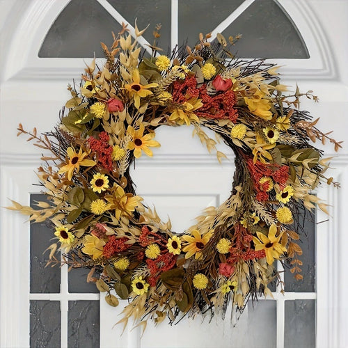 Artificial Chrysanthemum and Fallen Leaf Autumn-Themed Decorative Wreath