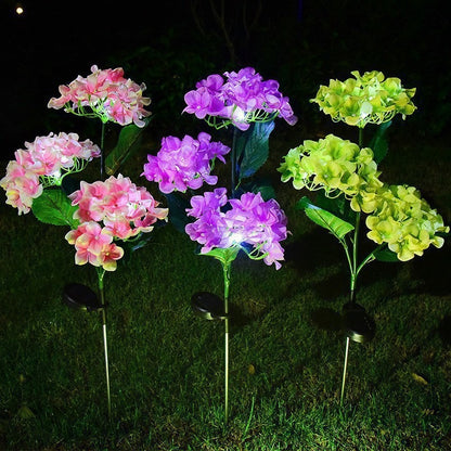 Solar-powered LED simulated 3-head hydrangea ground-stake light