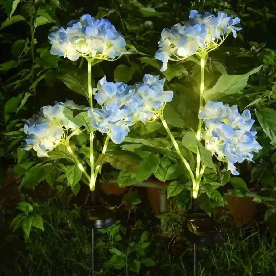 Solar-powered LED simulated 3-head hydrangea ground-stake light
