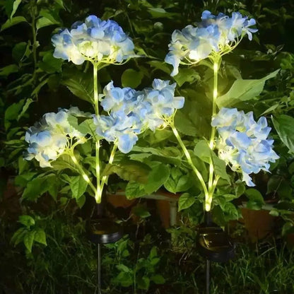 Solar-powered LED simulated 3-head hydrangea ground-stake light