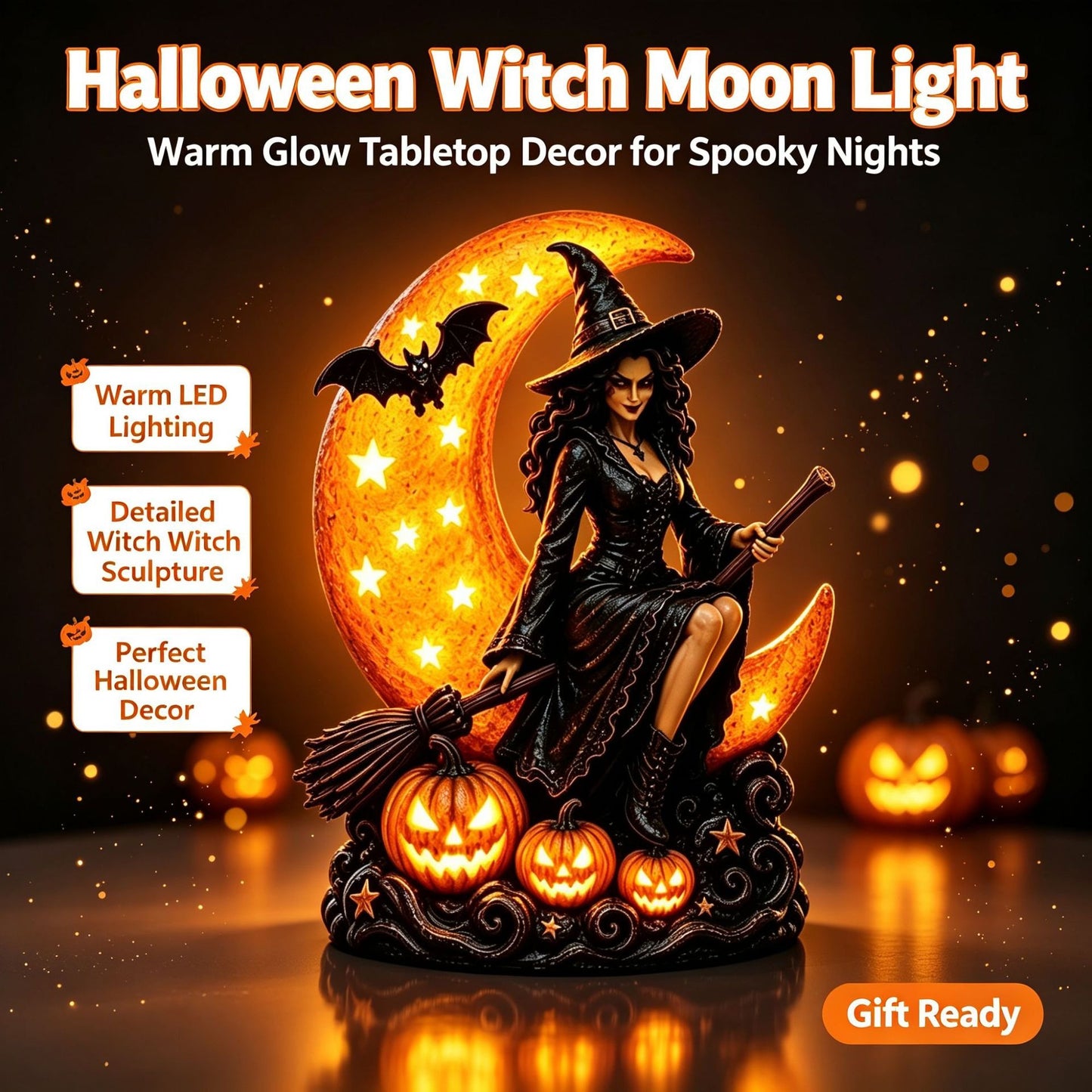 Halloween Witch and Moon Night Light Statue Decoration