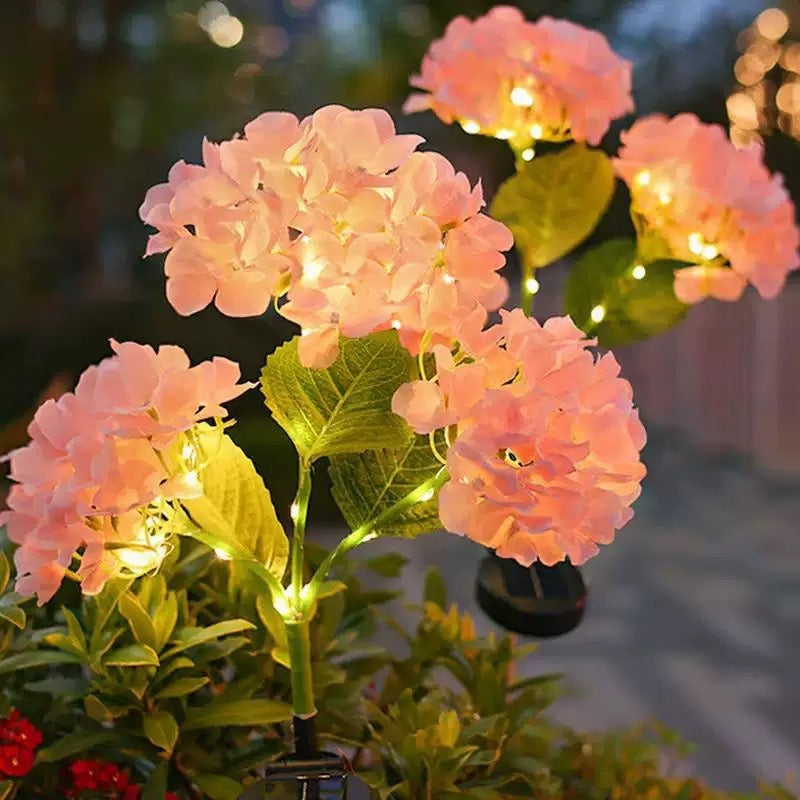 Solar-powered LED simulated 3-head hydrangea ground-stake light