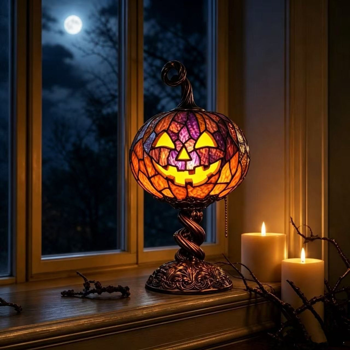 Vintage-Style Stained Glass Pumpkin Ambient Table Lamp for Halloween