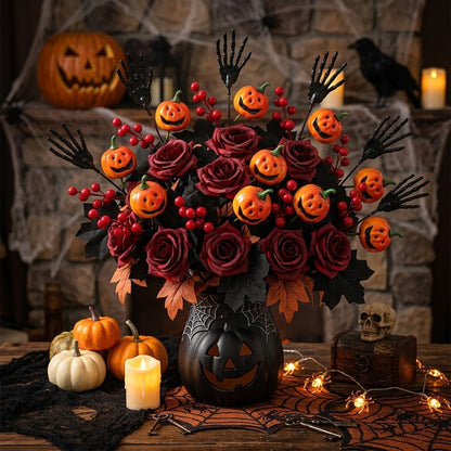Halloween decorative skeleton hands and pumpkin-face artificial flowers