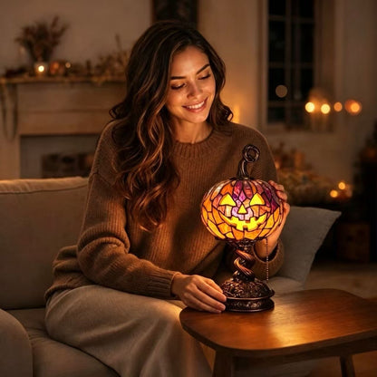 Vintage-Style Stained Glass Pumpkin Ambient Table Lamp for Halloween