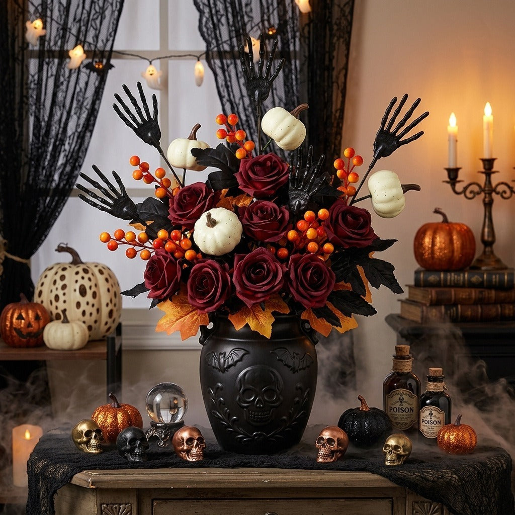 Halloween decorative skeleton hands and pumpkin-face artificial flowers