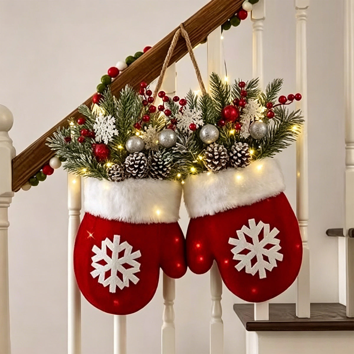 Sparkling Christmas Wreath with Gloves and Artificial Flowers（With light）
