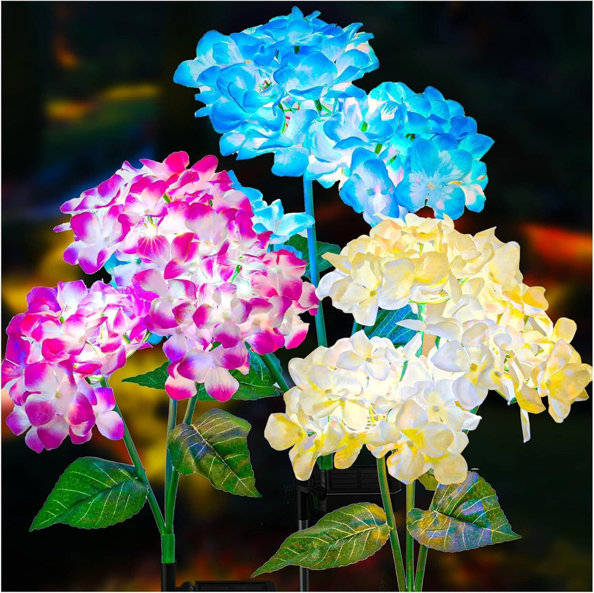 Solar-powered LED simulated 3-head hydrangea ground-stake light
