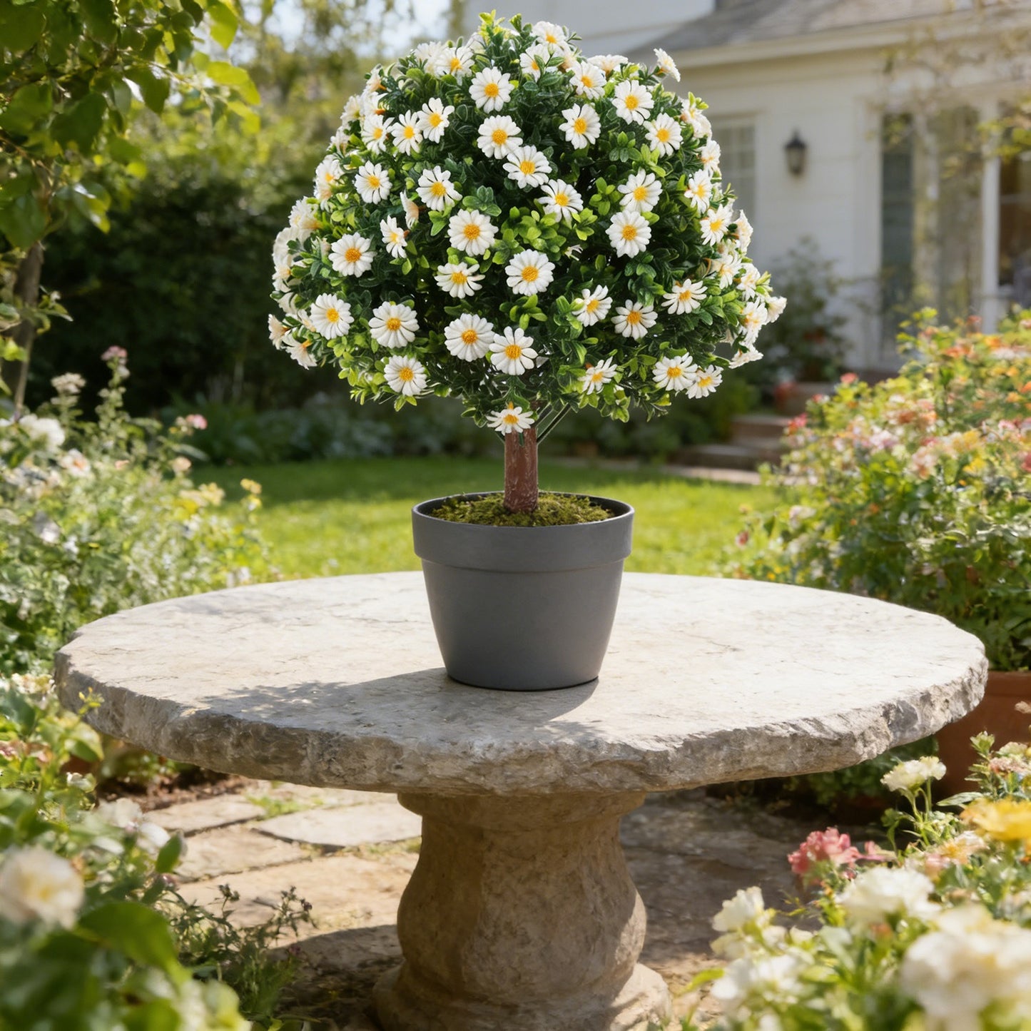 Outdoor Artificial Daisy and Boxwood Ground-Insert Plant