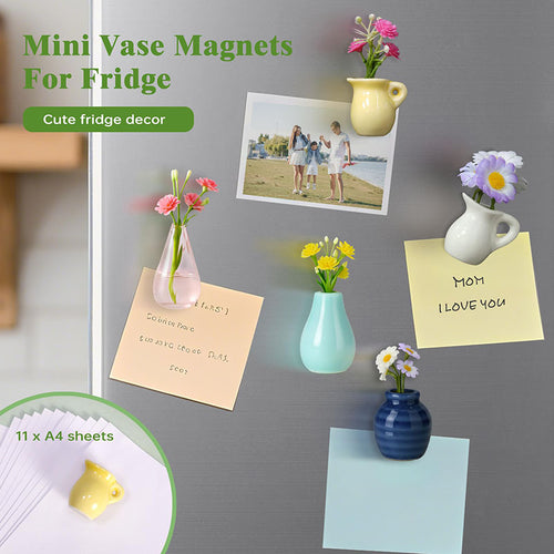 Mini Ceramic Vase Fridge Magnet with Artificial Flowers, Cute Decor for Kitchen & Office