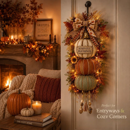 Rustic Wooden Pumpkin Door Hanging（Light with remote control）