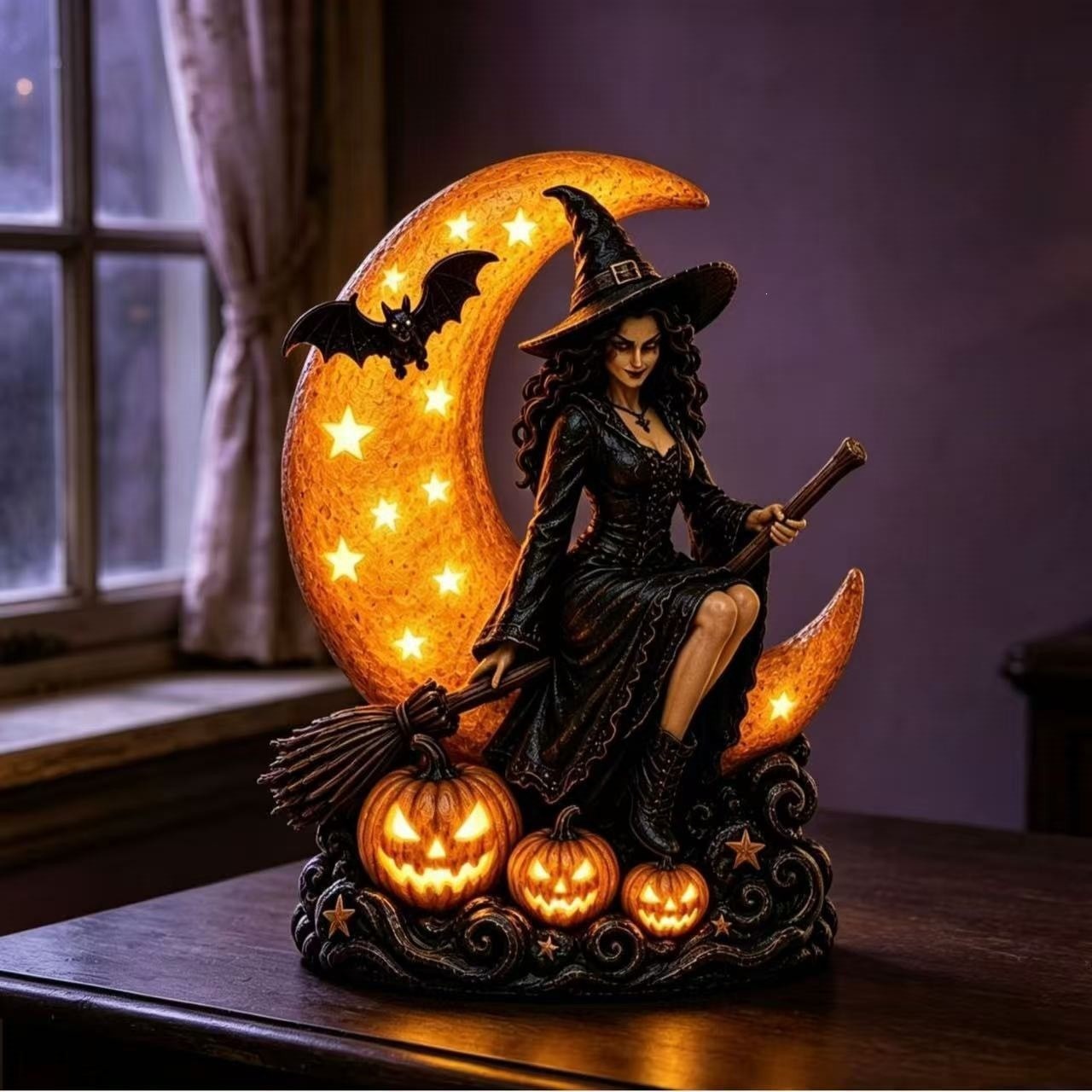 Halloween Witch and Moon Night Light Statue Decoration