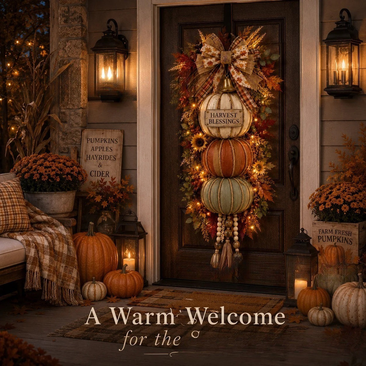 Rustic Wooden Pumpkin Door Hanging（Light with remote control）
