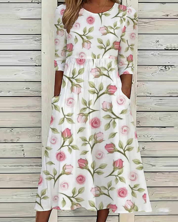 Pink Rose Round Neck Pocket Dress