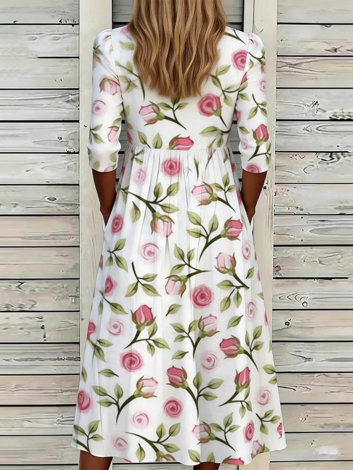 Pink Rose Round Neck Pocket Dress