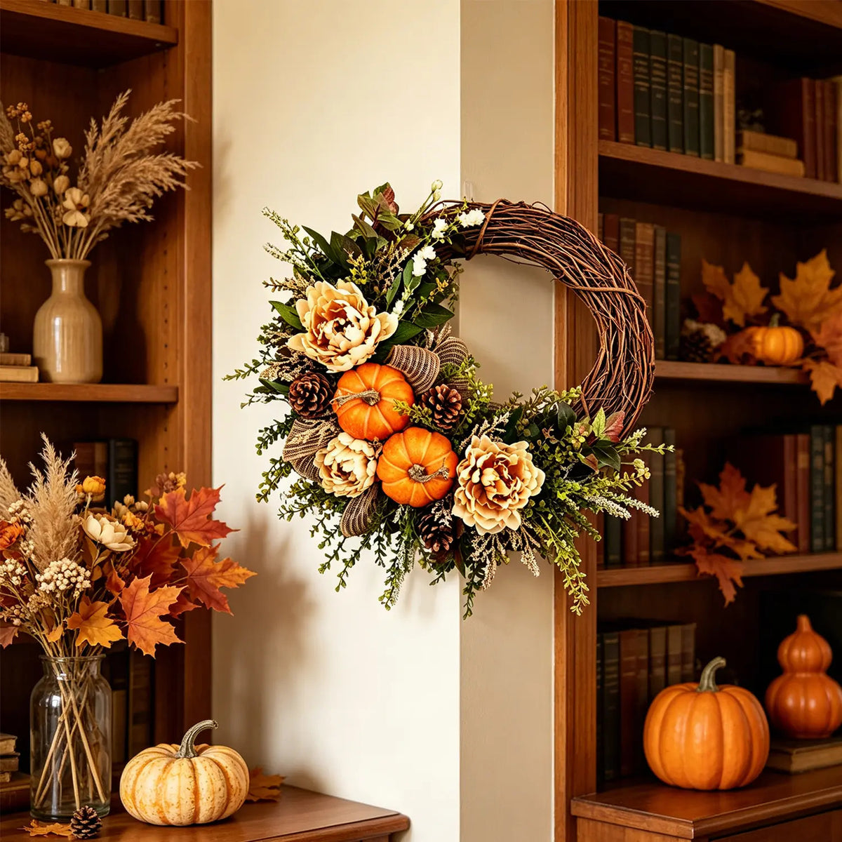 Thanksgiving Artificial Pinecone, Pumpkin, and Rose Vine Wreath Wall Hanging