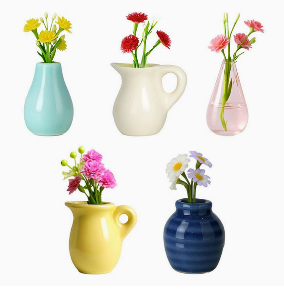 Mini Ceramic Vase Fridge Magnet with Artificial Flowers, Cute Decor for Kitchen & Office