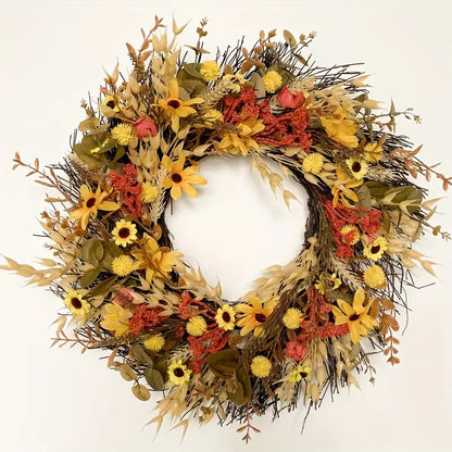 Artificial Chrysanthemum and Fallen Leaf Autumn-Themed Decorative Wreath