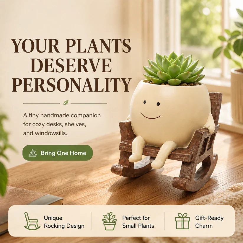 ✨Rocking Chair Smiling Face Planter – Cute Succulent Pot for Indoor &amp; Outdoor Decor