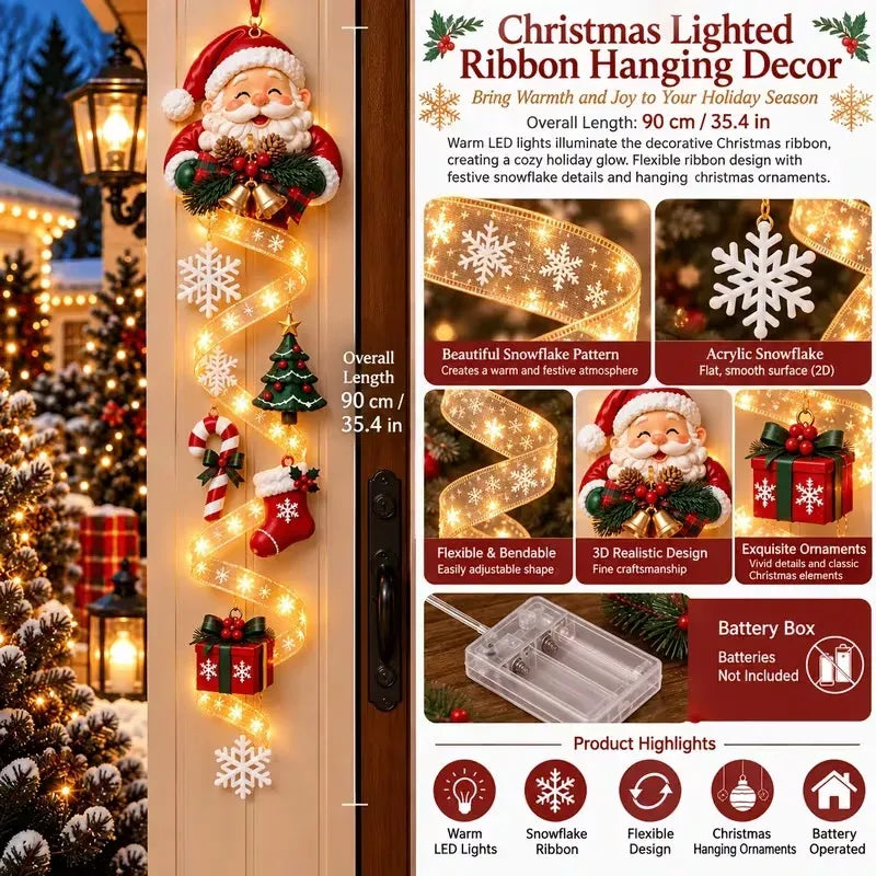 🎄Lighted Christmas Ribbon Hanging Door Decor | Santa, Snowman & Gingerbread Man LED Xmas Hanging Ornament