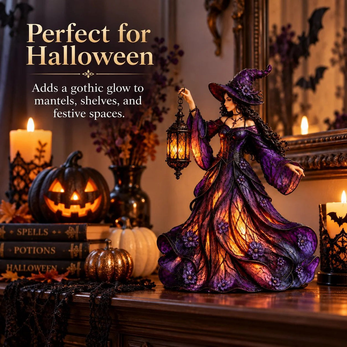 🧙 Gothic Witch Lantern Figurine | Warm LED Glow for Shelves, Mantels & Halloween Displays 🎃