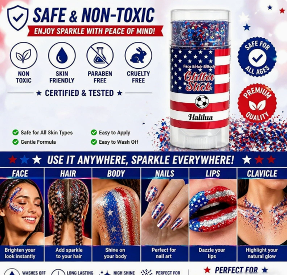 Patriotic Glitter Stick, Safe Non-Toxic for Face, Hair, Nails